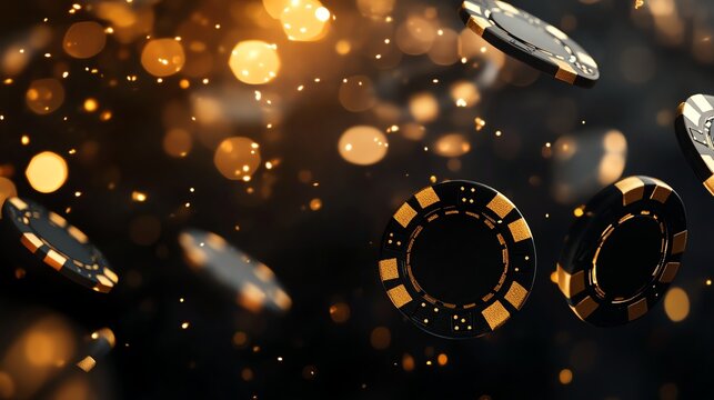 Black and gold casino chips floating - Powered by Adobe