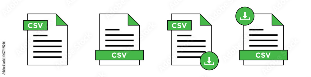 Fototapete csv document icons collection in different styles. outline symbols of text files and download format