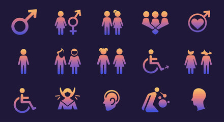 Fototapeta premium Modern gradient icon set representing diverse gender identities, relationships, and inclusion.