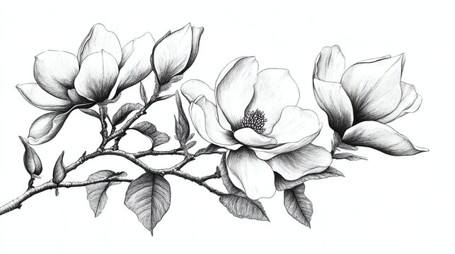 Black and white magnolia flower illustrations