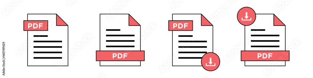 Fototapete pdf file icons set showing document text and download outline designs in different styles. vector gr