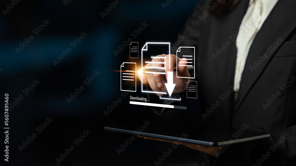 Poster visual representation of digital document downloading, showing file transfer, data access, and progr