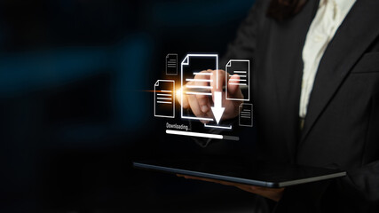 Visual representation of digital document downloading, showing file transfer, data access, and...