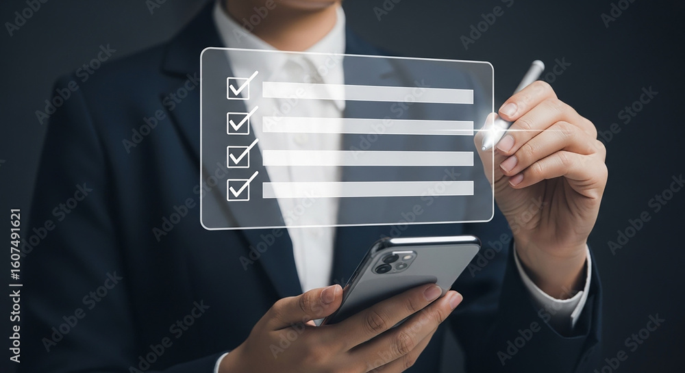 Poster businessman completing digital checklist using smartphone and stylus representing task management pr