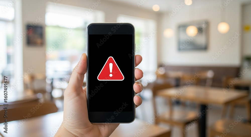 Poster hand holding smartphone with red warning alert symbol on screen representing mobile security risk er
