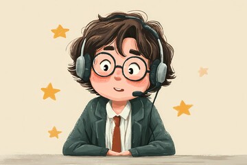 Cartoon customer support agent with 5-star rating — user review, client satisfaction, customer experience