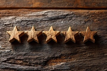 Five wooden stars on rustic wood background – concept of excellent customer feedback and satisfaction