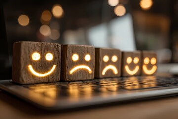 Wooden emoji blocks on laptop keyboard symbolizing customer review, user rating, client experience and feedback system in cozy modern workspace