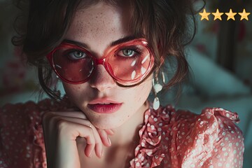 Authentic user experience: woman in glasses with four-star rating, representing real customer review and support interaction