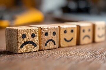 Unhappy, happy and neutral faces on wooden cubes representing negative customer feedback and user experience
