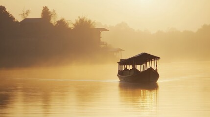 Tranquil Golden Hour Boat Trip on the Mekong River in Southeast Asia