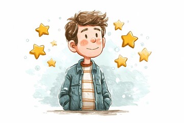 Smiling cartoon boy with five golden stars around him representing customer review and user rating feedback in watercolor style