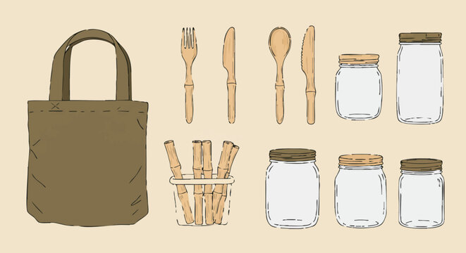 Sustainable living essentials eco-friendly kitchen and shopping tools, promoting a zero-waste lifestyle