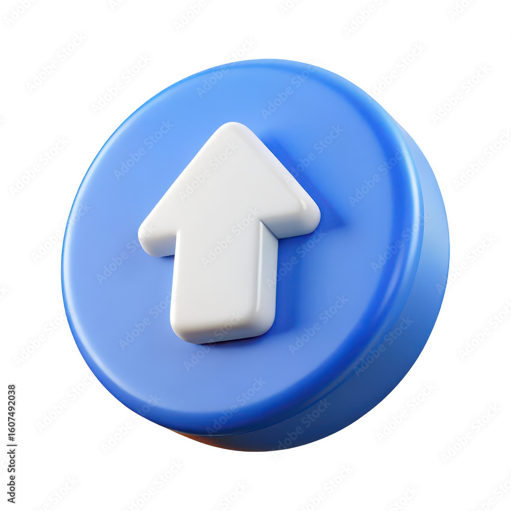 Poster a 3d rendered blue circular button with a raised white upward pointing arrow icon isolated on transp