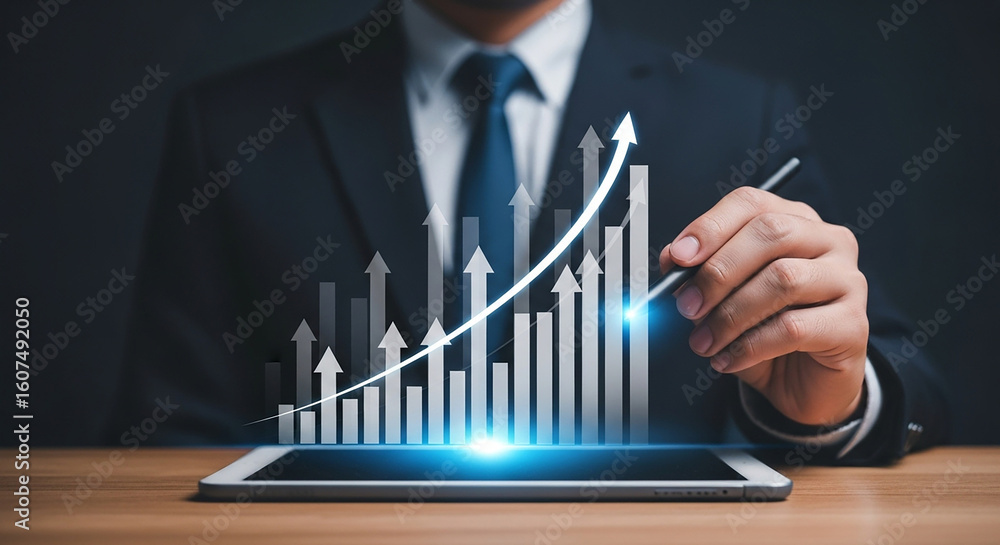 Poster businessman analyzing digital bar graph on tablet with upward arrows showing financial growth succes