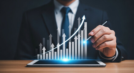Businessman analyzing digital bar graph on tablet with upward arrows showing financial growth success and data driven performance in modern strategy

