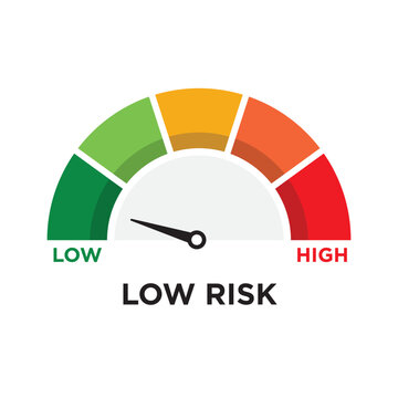 Speedometer icon showing low risk level. Concept of risk indication on a gauge or meter.