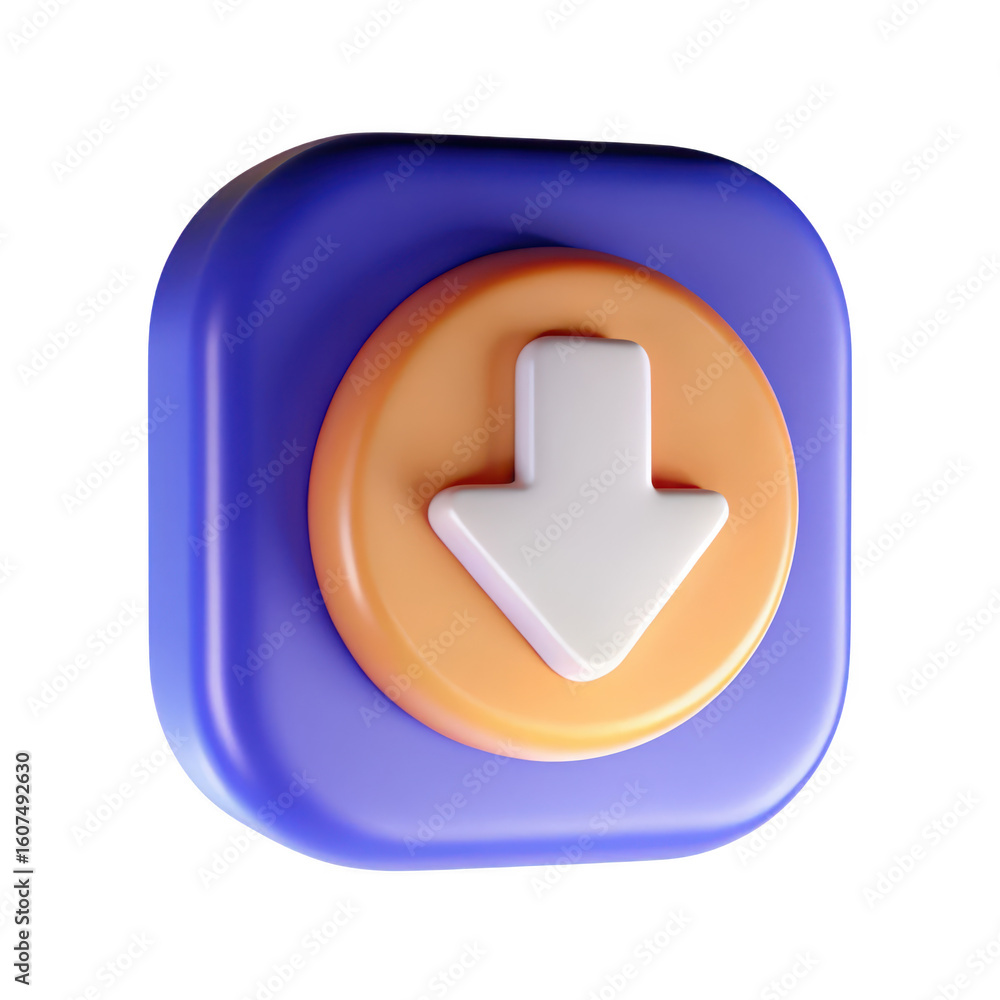 Poster stylized 3d downward arrow icon with orange circle and rounded square button isolated on transparent