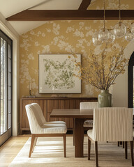modern dining room featuring wooden table, elegant chairs, and floral wallpaper. Natural light warm tones, creating cozy with decorative elements