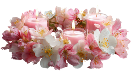 Flower crown with candles inserted between petals, soft spring birthday concept, transparent background