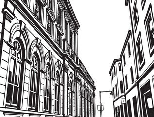 Street landscape, urban architecture, vintage, retro. Hand drawn vector illustration