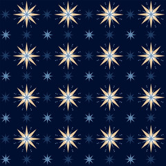 Christmas stars seamless pattern. Blue starry vector background. Night sky geometric magic wrapping paper decoration