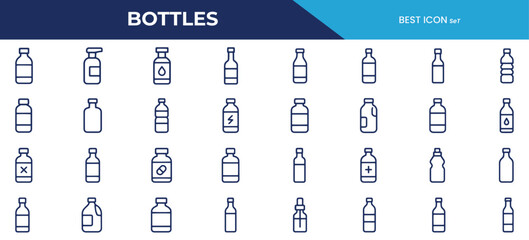Bottles Line Icons – Minimalist Style for Water, Medicine, Spray, and Beverage Containers