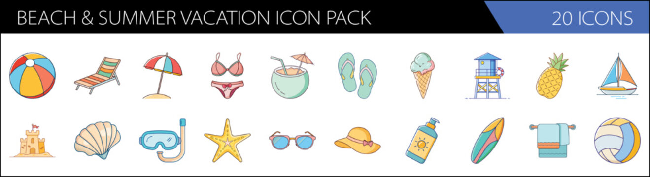 Beach and summer vacation icon pack, 20 icons in hand drawn style, colorful tropical holiday vector set for travel and tourism design