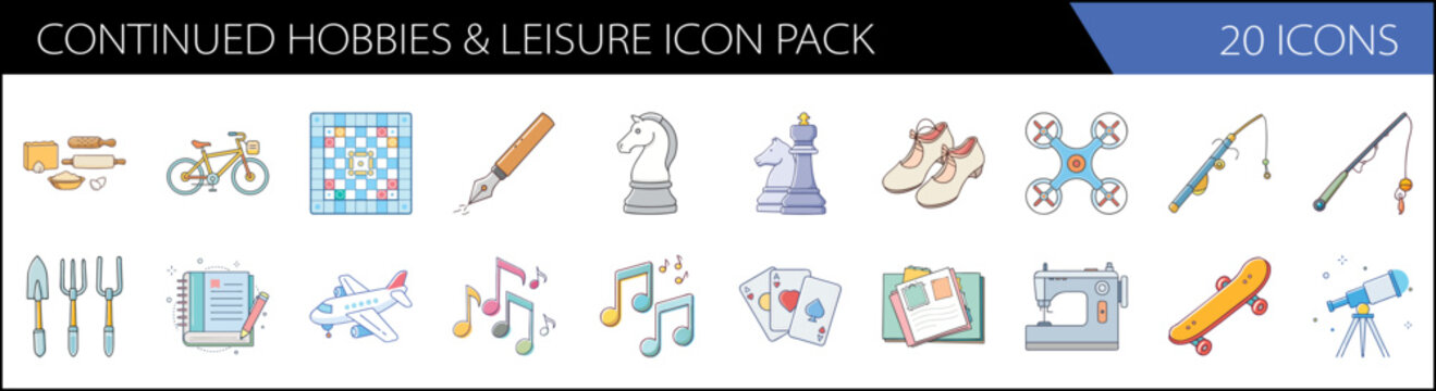 Modern Hobbies and Leisure Icon Pack, 20 Vector Icons for Lifestyle Activities, Flat Line Art Set of Recreation and Entertainment Symbols