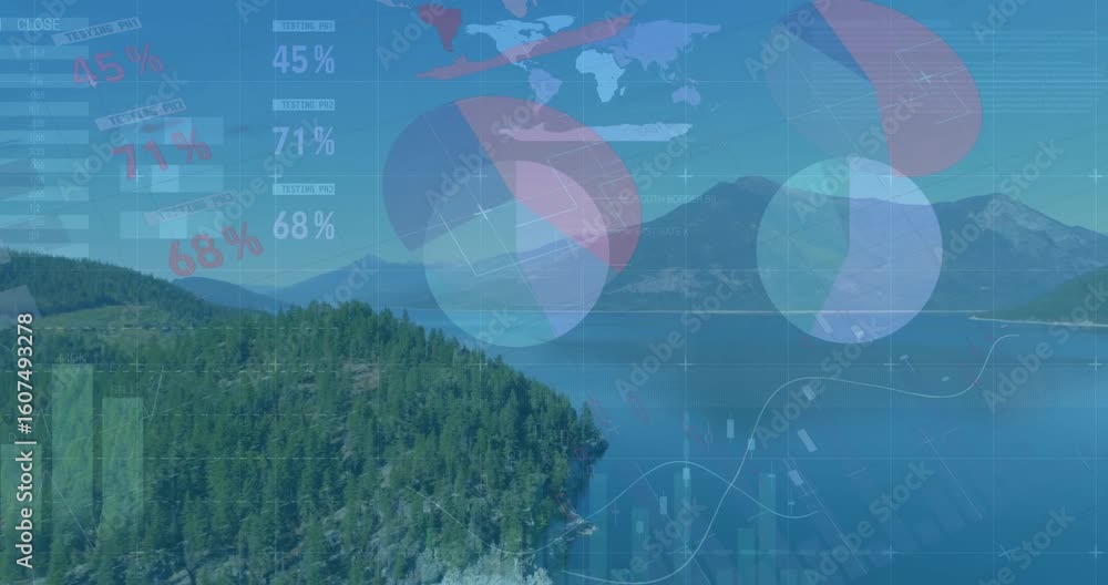 Aufkleber grid overlays floating over lake causing percentage charts sliding and rising showing metrics