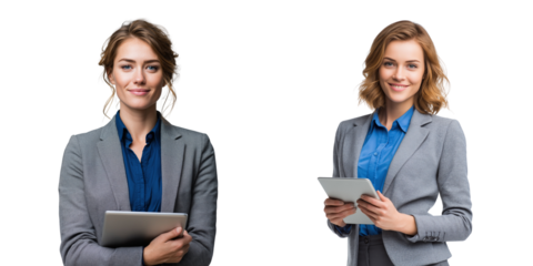 Set of Confident Businesswoman Holding Tablet with a smile isolated on a transparent background