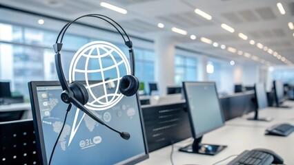 Modern call center workspace with globe icon and headphones