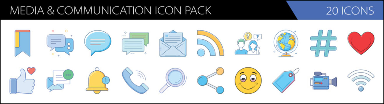 Media and communication icon pack, 20 flat vector icons for social media, digital marketing and online messaging symbols in blue and yellow