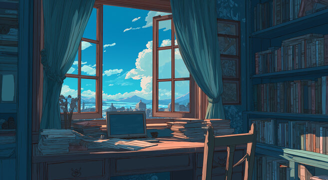 In the study, there is an open window with a romantice scenic view outside. There is a laptop and books on the desk