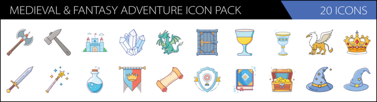 Medieval and fantasy adventure icon pack, 20 vector icons for RPG gaming, mythical dragon and castle symbols, magic wizard items and ancient weapons
