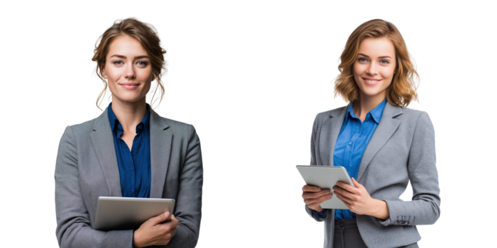 Set of Confident Businesswoman Holding Tablet with a smile isolated on a transparent background