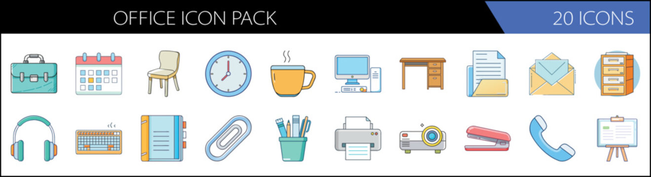 Office icon pack with 20 icons, modern business supplies and workspace equipment vector set, professional corporate stationery and desk accessories