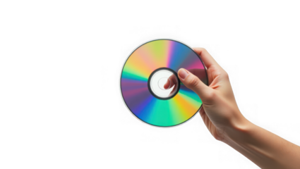 A hand holds a colorful, iridescent cd or dvd disc, isolated on a transparent background