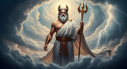 A Powerful Representation of Zeus Standing Amidst Thunderstorms and Dramatic Clouds in Mythical Glory