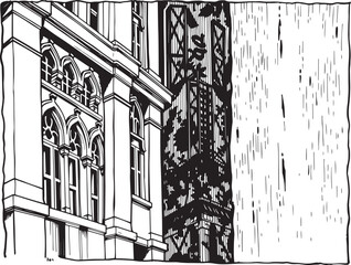 Street landscape, urban architecture, vintage, retro. Hand drawn vector illustration