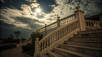 Fototapeta premium Grand stone staircase leading up to a dramatic cloudy sky with a bright moon