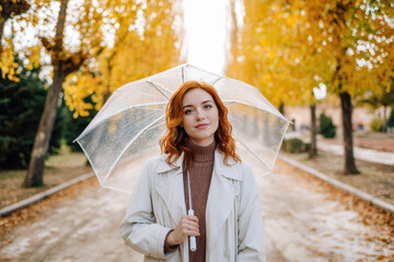A woman stands in a serene park, holding a clear umbrella while surrounded by bright yellow autumn foliage