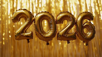 Celebratory golden 2026 balloons against a shimmering bokeh background