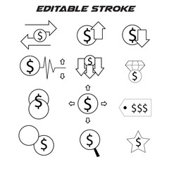 Dollar coin icons with arrows and graph lines money