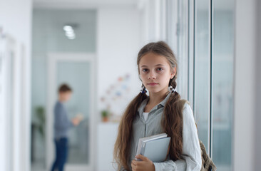 A young girl with long hair stands in a well-lit corridor holding books, while another student is distracted by a phone in the background
