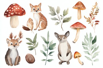 Fototapeta premium Collection of watercolor woodland animals, plants, and mushrooms on a white background
