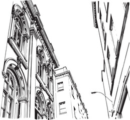 Street landscape, urban architecture, vintage, retro. Hand drawn vector illustration