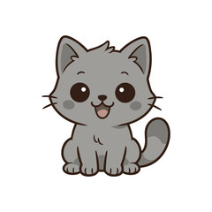 Grey Kawaii Cartoon Cat. Sweet Anime Style Grey Kitten with Round Face and Big Eyes, Cute Cat Character Illustration in Japanese Kawaii Style
