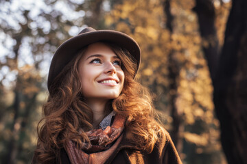 A woman with long curly hair and a hat smiles while gazing up into the trees on a bright autumn day surrounded by golden foliage
