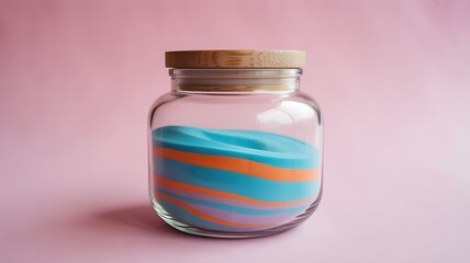 Colorful sand art in a glass jar with wooden lid